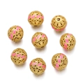 Golden hollow cloisonne beads with pink enamel leaf pattern for DIY jewelry making - Pink (Style 04)