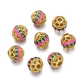 Golden hollow enamel bead charms with pink and green floral patterns for DIY jewelry - Rose Green (Style 06)