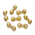 Macro shot of 7 golden dumbbell spacers with LIVE engraving for jewelry DIY crafts - Antique Gold