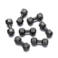 Macro shot of 7 gun-black dumbbell beads with engraved Live and Lift motivational text - Gun Black