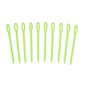 Macro detail of 10 green plastic sewing needles with large eye for easy threading - Green