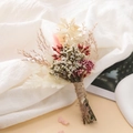 Detail of bohemian dried flower boutonniere with baby's breath and twine wrap - Pink Rice Flower Wealthy Leaf