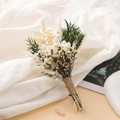 Detail of a handmade mini dried flower bouquet with white baby breath and natural hemp rope - Melaleuca Gold Wealthy Leaf