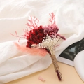 Detail of mini dried flower bouquet with red pink petals and twine wrapped handle - White Rice Flower Rabbit Tail