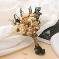 Close-up of rustic mini dried flower bouquet with yellow rose, lavender and jute rope - Forget-me-not Yellow Rose
