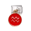 Close-up of stainless steel Aquarius zodiac charm with red oil drop design on modular bracelet - Red Aquarius