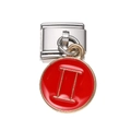 Detailed view of Italian style stainless steel charm with red enamel Gemini symbol - Red Gemini