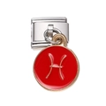 Close-up of a stainless steel square link with a red enamel Pisces zodiac charm - Red Pisces
