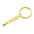 Detail of yellow painted metal keychain with flat ring, short chain, and lobster clasp - Model AC4325 / Yellow