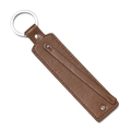 Close-up of brown PU leather keychain with silver metal ring and fine lychee texture - Dark Brown