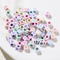 Macro shot of 6mm white acrylic cube beads with colorful letter A for DIY jewelry making - Letter A Style / 100 Pieces (6x6mm/Hole 3.4mm)