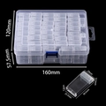Detail of transparent PP plastic storage box showing precise inner container dimensions - 42 Small Square Bottles Box