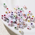 White 6mm square acrylic alphabet beads with colorful side stripes for DIY jewelry making - Letter I Style / 100 Pieces (6x6mm/Hole 3.4mm)