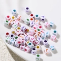 White acrylic cube bead with colorful letter J and inner oil drop for DIY jewelry making - Letter J Style / 100 Pieces (6x6mm/Hole 3.4mm)