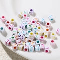 White acrylic cube beads with colorful letter L and round holes for DIY jewelry - Letter L Style / 100 Pieces (6x6mm/Hole 3.4mm)