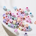 6mm white acrylic cube beads with colorful letter M printing and large hole for DIY jewelry - Letter M Style / 100 Pieces (6x6mm/Hole 3.4mm)