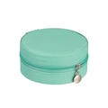 Detail of round mint green fabric jewelry box with silver zipper and textured finish - Teal Blue
