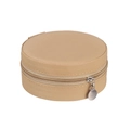 Close-up of portable round jewelry organizer in beige textured leather with zip closure - Beige