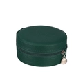 Close-up of circular dark green jewelry storage case with textured fabric and metal zipper - Dark Green