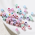 White acrylic cube beads with colorful letter Q print for DIY bracelet jewelry making - Letter Q Style / 100 Pieces (6x6mm/Hole 3.4mm)