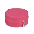 Detail view of round hot pink jewelry organizer with textured faux leather and zipper - Rose Red