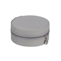 Macro shot of grey portable round jewelry case with textured fabric and silver zipper - Gray