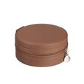 Detailed view of round brown leather jewelry box with zipper and metallic puller - Brown