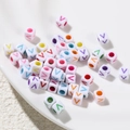 White acrylic cube beads with colorful letter V print for DIY jewelry crafting - Style Letter V / 100 Pieces (6x6mm/Hole 3.4mm)
