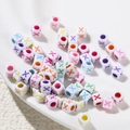 6x6mm white acrylic cube beads with colorful X pattern and large hole for DIY jewelry - Letter X Style / 100 Pieces (6x6mm/Hole 3.4mm)