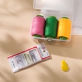 Detail of sewing kit with colorful threads, needles, and needle threader in a clear box - Pink Green Yellow
