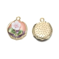 Detalle frontal y posterior del colgante esmaltado de rosa y tulipán con marco dorado - Degradado Rosa y Púrpura con Flor Blanca (Modelo 08)