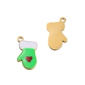 Green Christmas mitten pendant with red heart and gold stainless steel trim charm - Heart Mitten - Green
