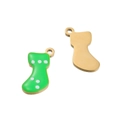 Christmas stocking metal pendant with green enamel and gold finish for DIY crafts - Green Sock