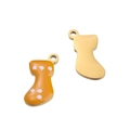 Golden stainless steel Christmas stocking charm with yellow enamel and white polka dots - Orange Sock