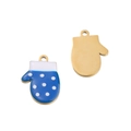 Blue enamel Christmas glove pendant with white dots and gold metal back for DIY jewelry - Blue Dot Glove