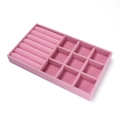Roze fluwelen sieradentray met 7 ringgleuven en 9 vierkante vakken voor opslag - Vierkante Raster Organizer / Roze