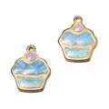 Pendentif cupcake émaillé bleu et violet avec cadre en acier inoxydable doré pour DIY - Gâteau Bleu Vert Lac