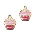 Pendentif cupcake en émail rose avec cadre en métal doré pour bijoux faits main - Gâteau Rose Rouge Rose