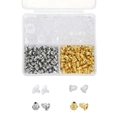 Detalle macro del kit de cierres de pendientes en caja con pernos de silicona y metal - Estilo Clasificado Tres (Caja Cuadrada)