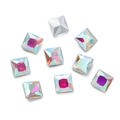 Macro detail of square AB crystal rhinestones with iridescent faceted surface and silver backing - 10 Pieces Pack / Aurora AB (22 Style)