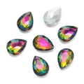 Macro shot of faceted teardrop crystal glass rhinestones with iridescent AB color finish - 10 Pieces Pack / Rainbow AB (Style 66)