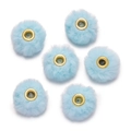 Detailed view of fluffy light blue faux fur beads with golden metal eyelets for DIY jewelry - 10 Pieces/Pack (13x14mm) / Blue