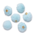 Close-up of six light blue faux mink fur poms with gold rings for DIY jewelry making - Blue / Blue
