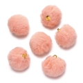 Detail of six peach faux mink fur pom-pom charms with golden metal hanging rings for DIY - Orange Pink