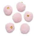 Detail of six fluffy light pink faux mink fur pompoms with gold metal hanging loops - Pink