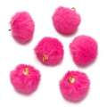 Set of six fluffy magenta faux mink fur pompom charms with gold metal rings for DIY crafting - Rose Red