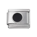 Détail macro d'un maillon modulaire en acier poli avec un insert émaillé rond noir - Module à Points en Acier Inoxydable / Noir