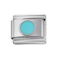 Vue macro d'un charm italien 9x10mm en acier inoxydable avec point en émail bleu ciel - Module à Points en Acier Inoxydable / Bleu