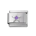 Détail macro du charm carré en acier inoxydable avec étoile en émail violet - Module Étoile en Acier Inoxydable / Violet