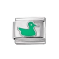 Vue macro d'un maillon de bracelet italien en acier avec silhouette de canard vert - Module Canard en Acier Inoxydable / Vert